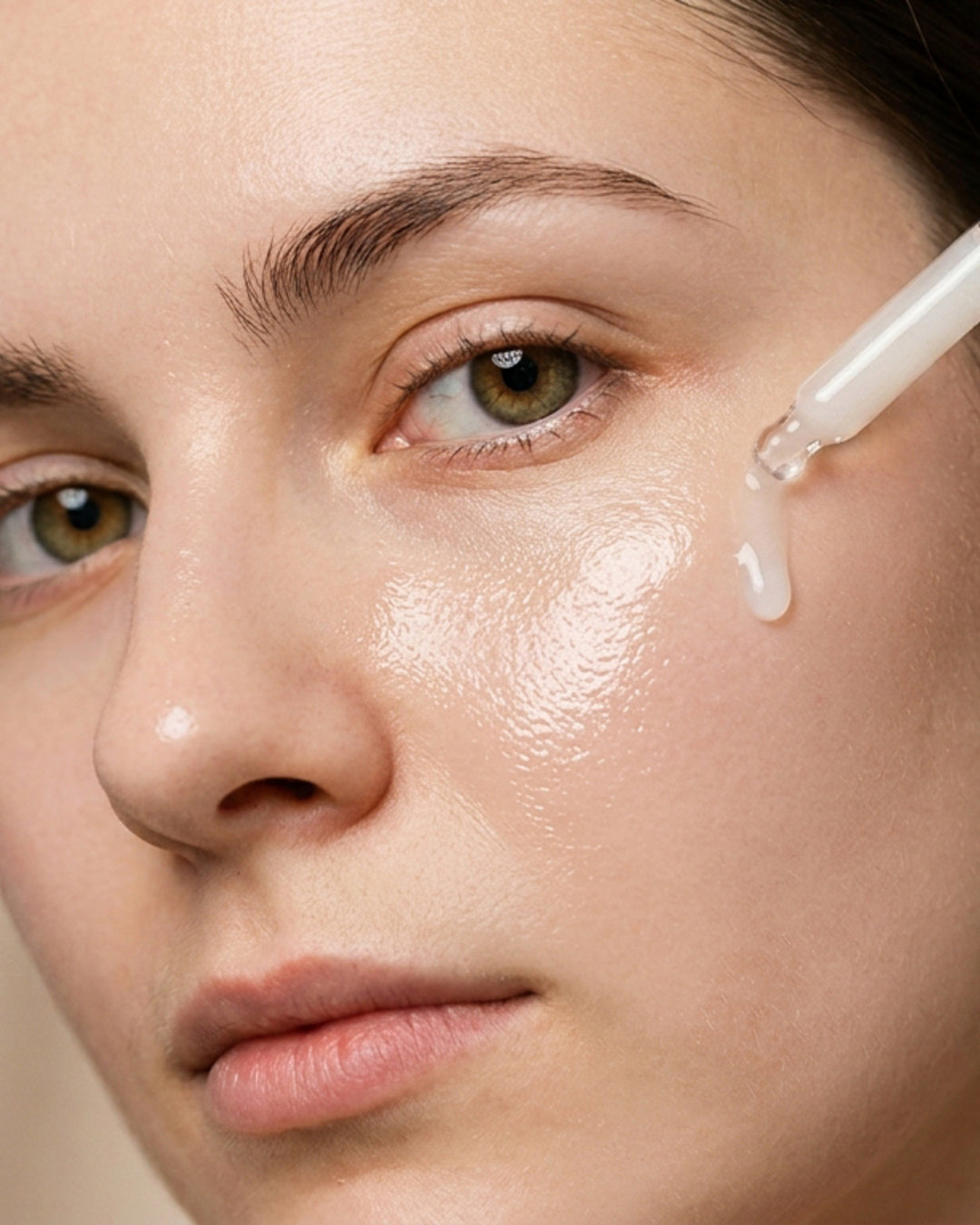 Aplicação de sérum sob os olhos, pele luminosa