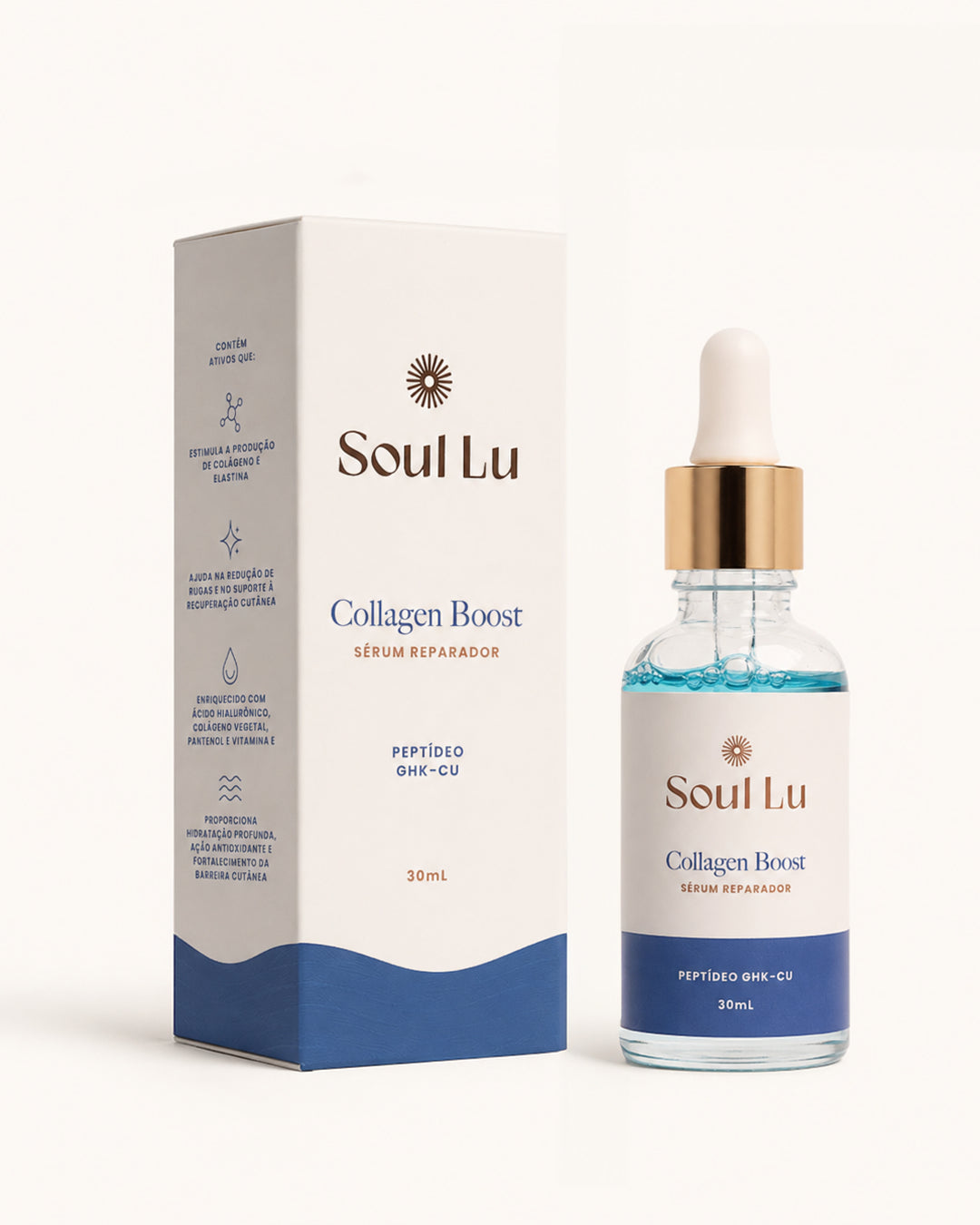 Collagen Boost - Sérum Reparador Peptídeo GHK-Cu, caixa e frasco