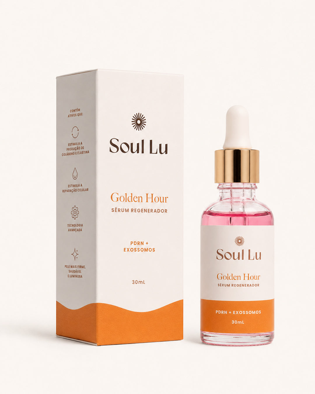 Golden Hour - Sérum Regenerador PDRN + Exossomos, caixa e frasco